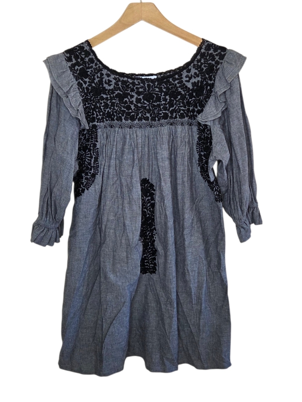 Mi Golondrina Artisan Gray Black Floral Embroidered Mini Dress Size XS